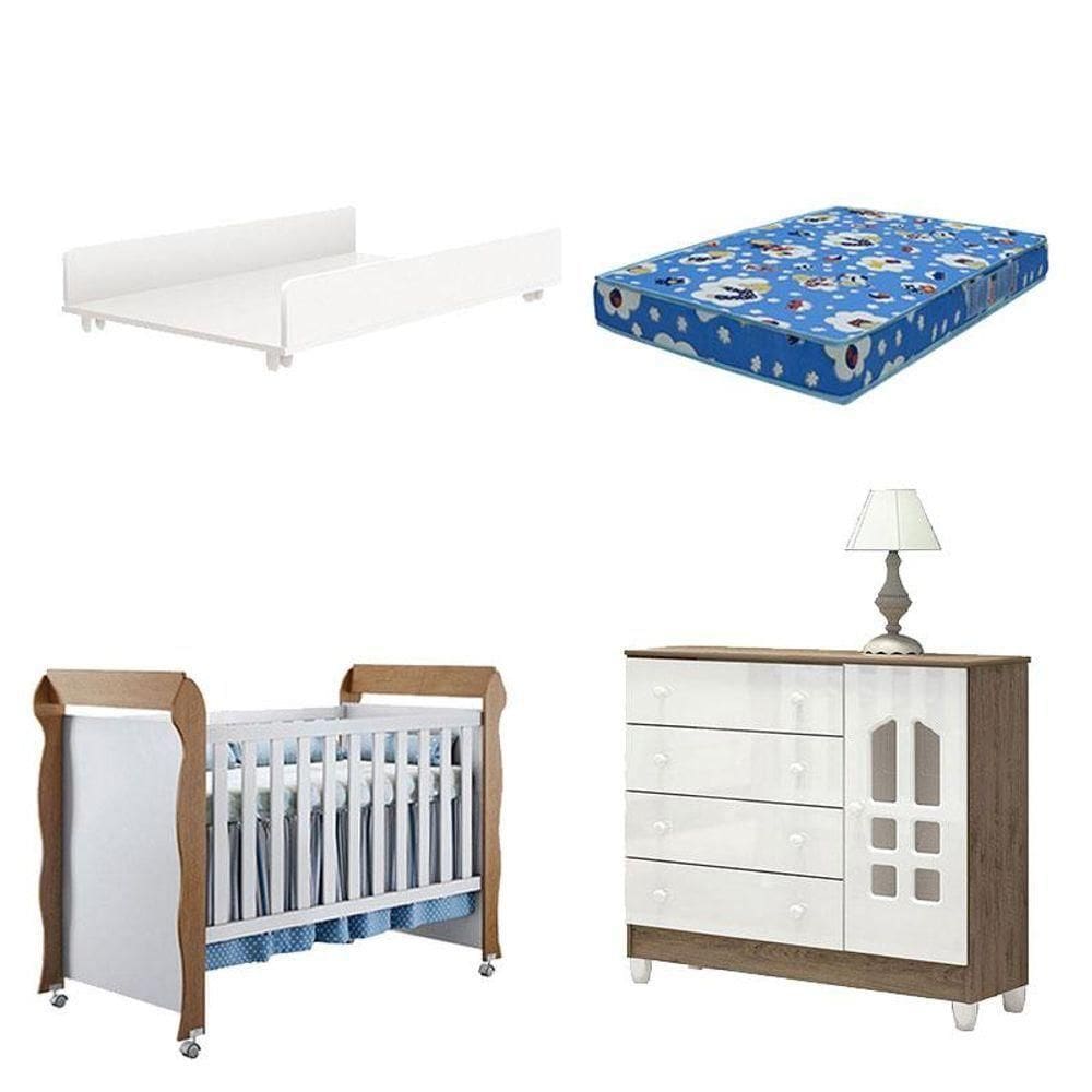 Berço Americano Mirelle Cômoda Selena 1 Porta Branco Acetinado Amadeirado E Trocador Juju Colchão