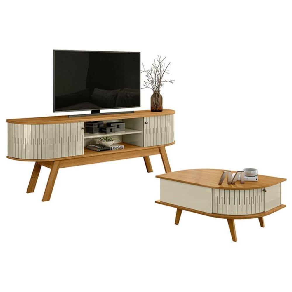 Rack Bancada Valência com Mesa de Centro Indianápolis Cumaru Opala - Madetec