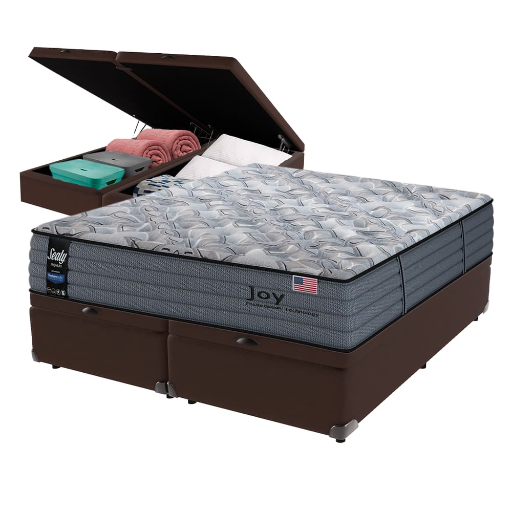 Cama Box Baú Marrom e Colchão Queen Joy Molas Ensacadas Sealy