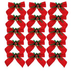 Kit 15 Laços Vermelho Aveludado Decorado Mini Sinos Dourado 11x11cm - Magizi