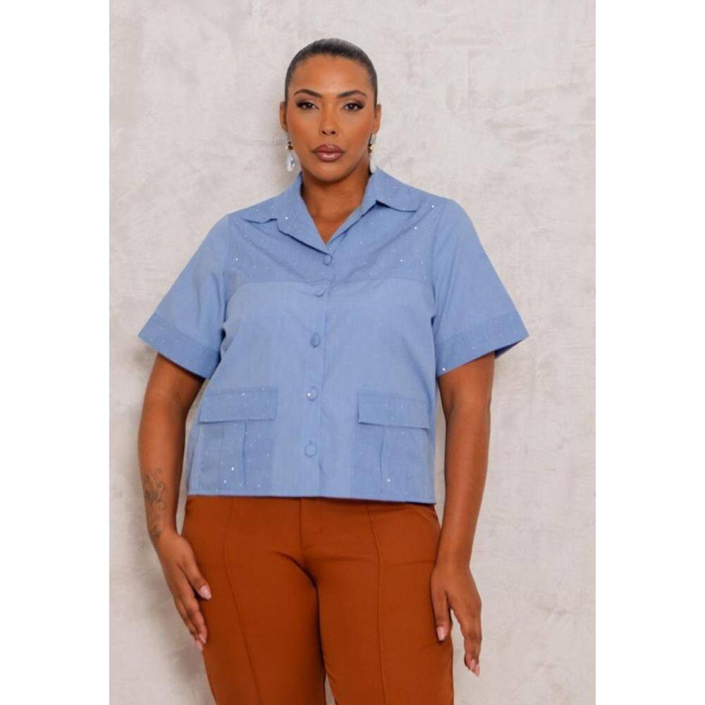 Camisa Feminina Plus Size Chambray Jeans com Brilho - Azul Petróleo - 46