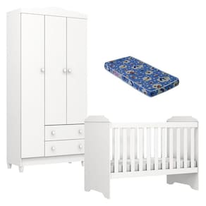 Berço Americano Mini Cama e Guarda Roupa Mel Flat Branco Brilho com Colchão Ortobom - Carolina