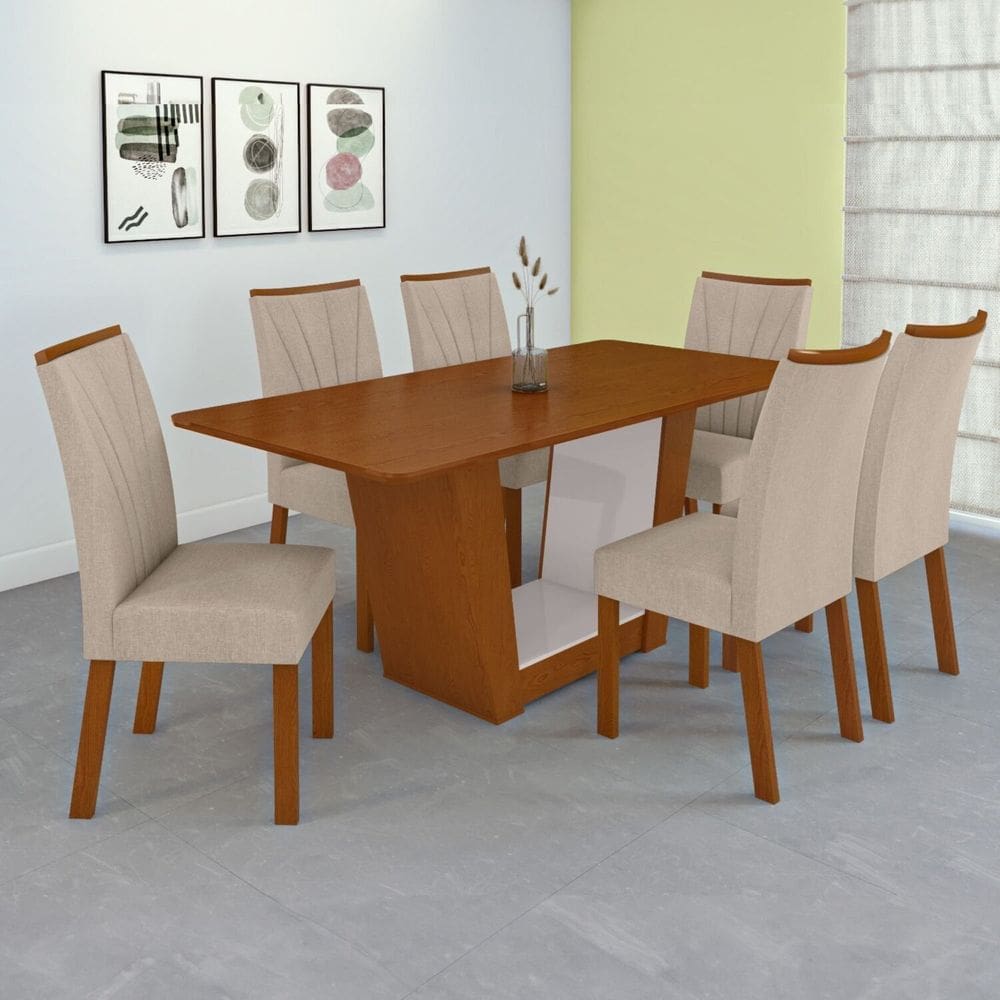 Conjunto Mesa 170cm Apogeu Tampo Mdf no Glass com 6 Cadeiras Apogeu Frassino/Off White/Bege