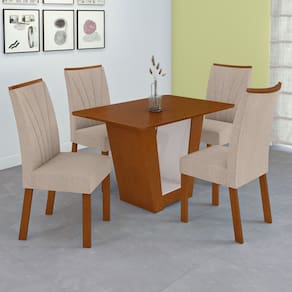 Conjunto Sala de Jantar Mesa 120cm Tampo Mdf no Glass 4 Cadeiras Apogeu Frassino/Off White/Bege