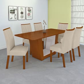 Conjunto Mesa 170cm Apogeu Tampo Mdf no Glass com 6 Cadeiras Apogeu Frassino/Off White/Creme
