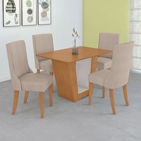 Conjunto Sala de Jantar Mesa Apogeu 120cm Tampo Mdf no Glass 4 Cadeiras Celina Amêndoa /Off White/Bege