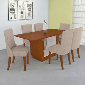 Conjunto Mesa 170cm Apogeu Tampo Mdf no Glass com 6 Cadeiras Celina Frassino/Off White/Bege