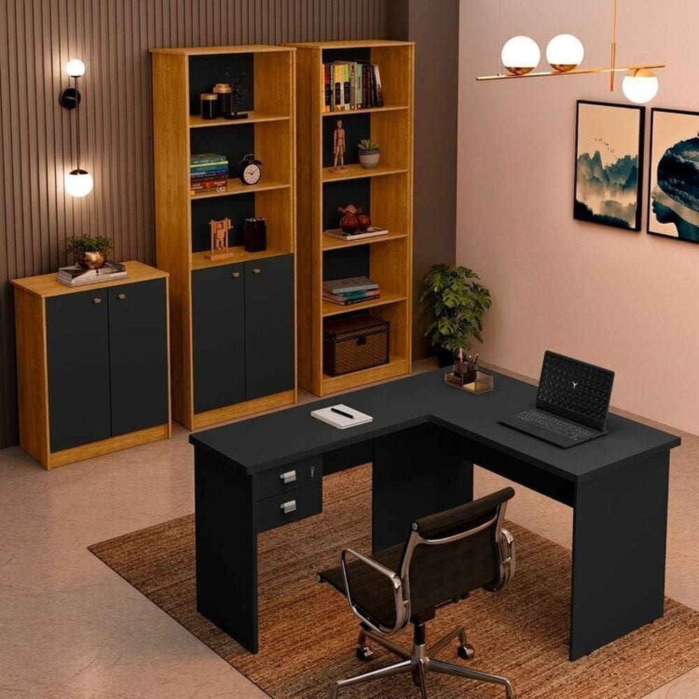 Kit 4 Peças com 1 Mesa L 1 Armário 1 Estante Uma Porta 1 Estante 2 Portas Marrom/Preto