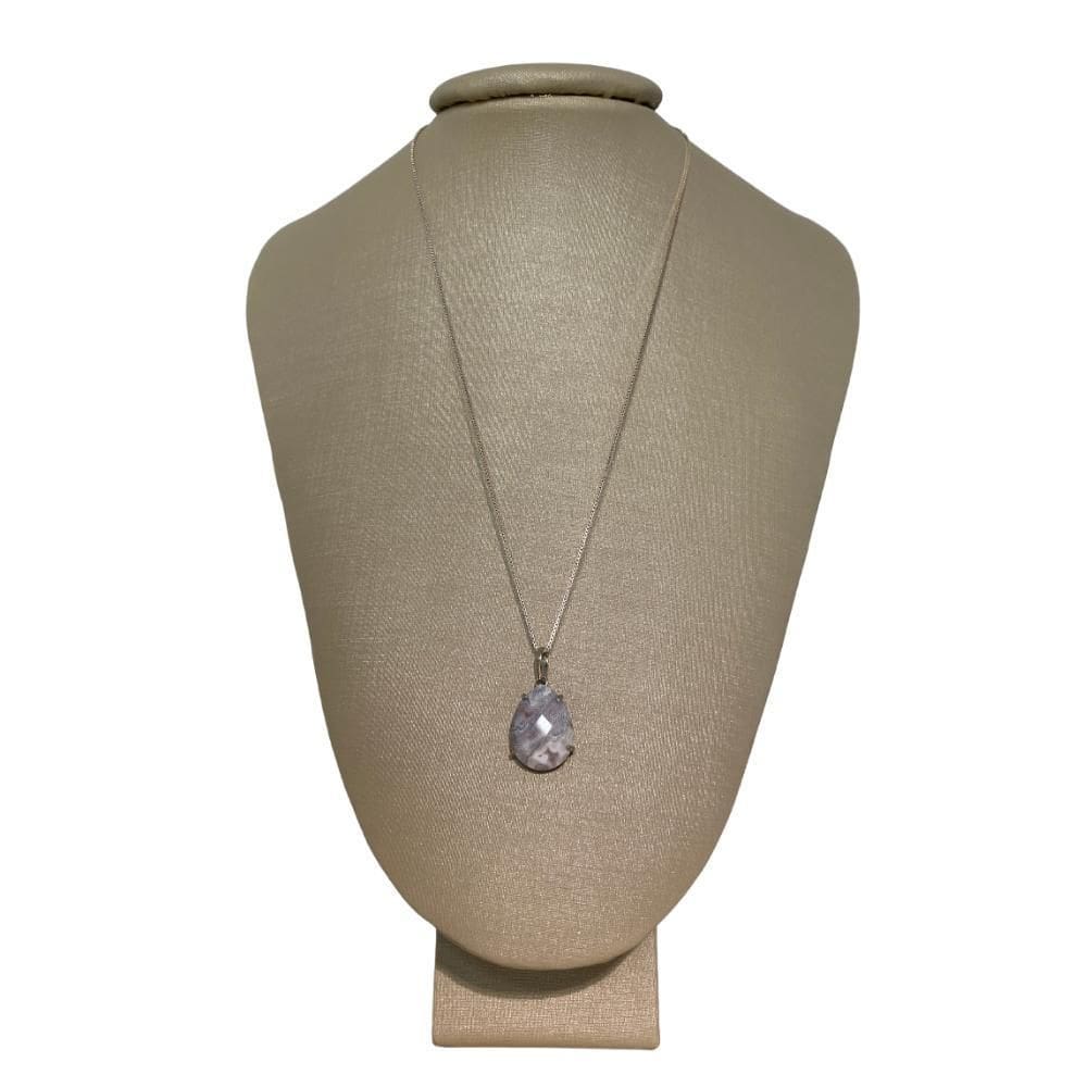 Colar 60Cm Prata 925 Gota De Ágata Botswana Lapidada