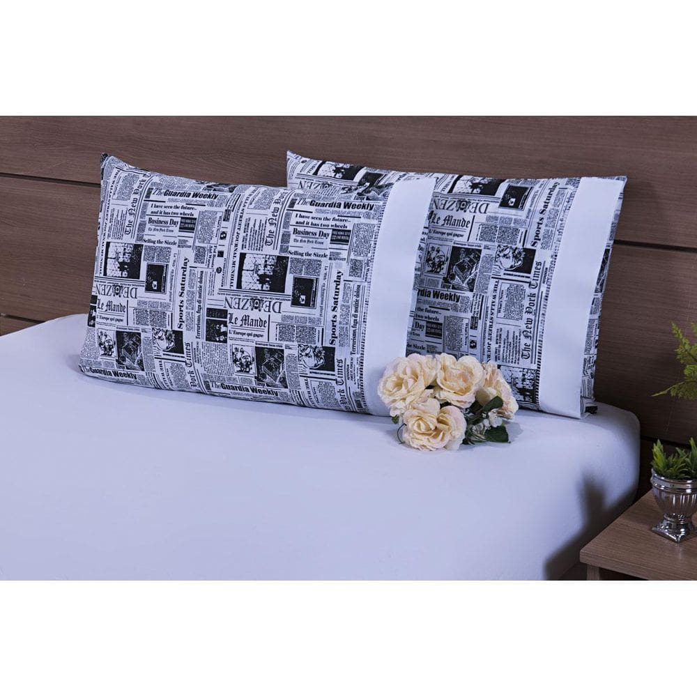 Jogo Lençol Solteiro 2 Peças 180 Fios Jornal Branco Barrado