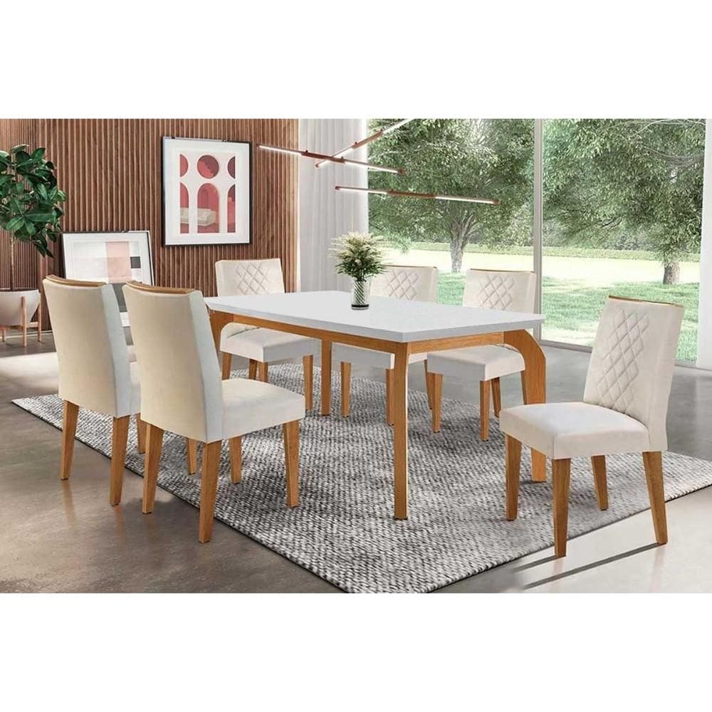 Sala de Jantar Completa Londrina c/Tampo Madeirado Canto Reto 180x90cm e 6 cadeiras Jade Imbuia - Veludo Creme - Rufato