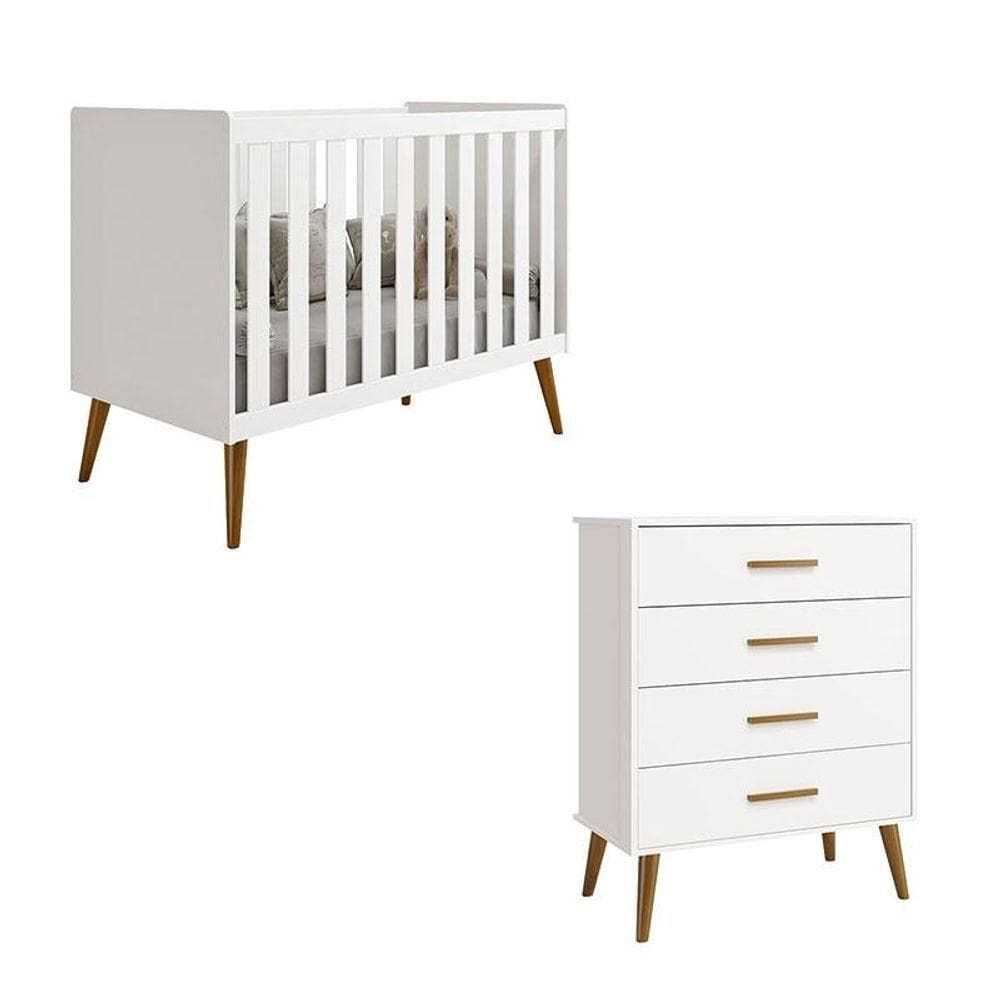 Berço Americano E Cômoda Gaveteiro Infantil Isis Branco Acetinado - Reller