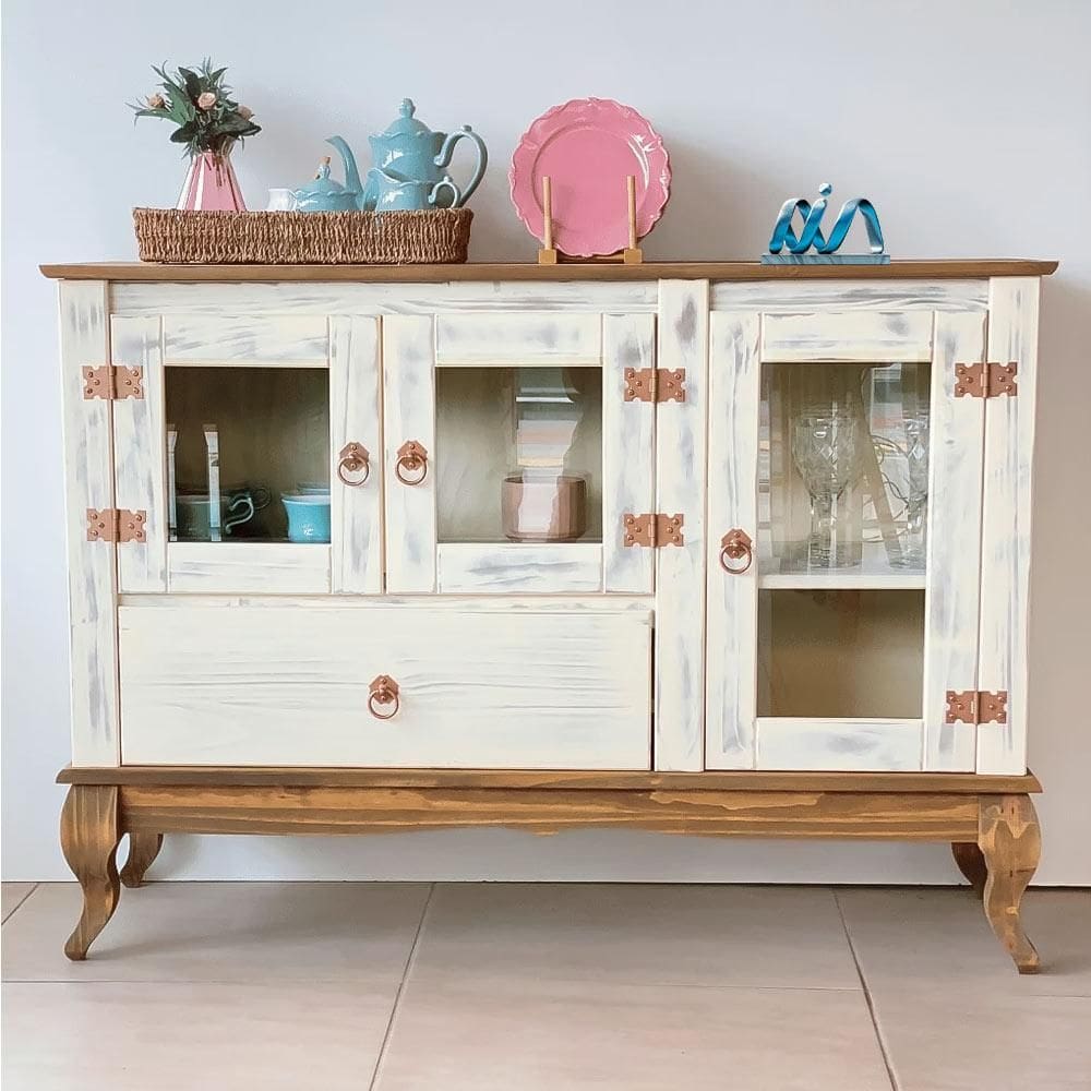Balcão 3 Portas Vidro Madeira Maciça Rústico Branco Garapa D125 Shop JM - Branco