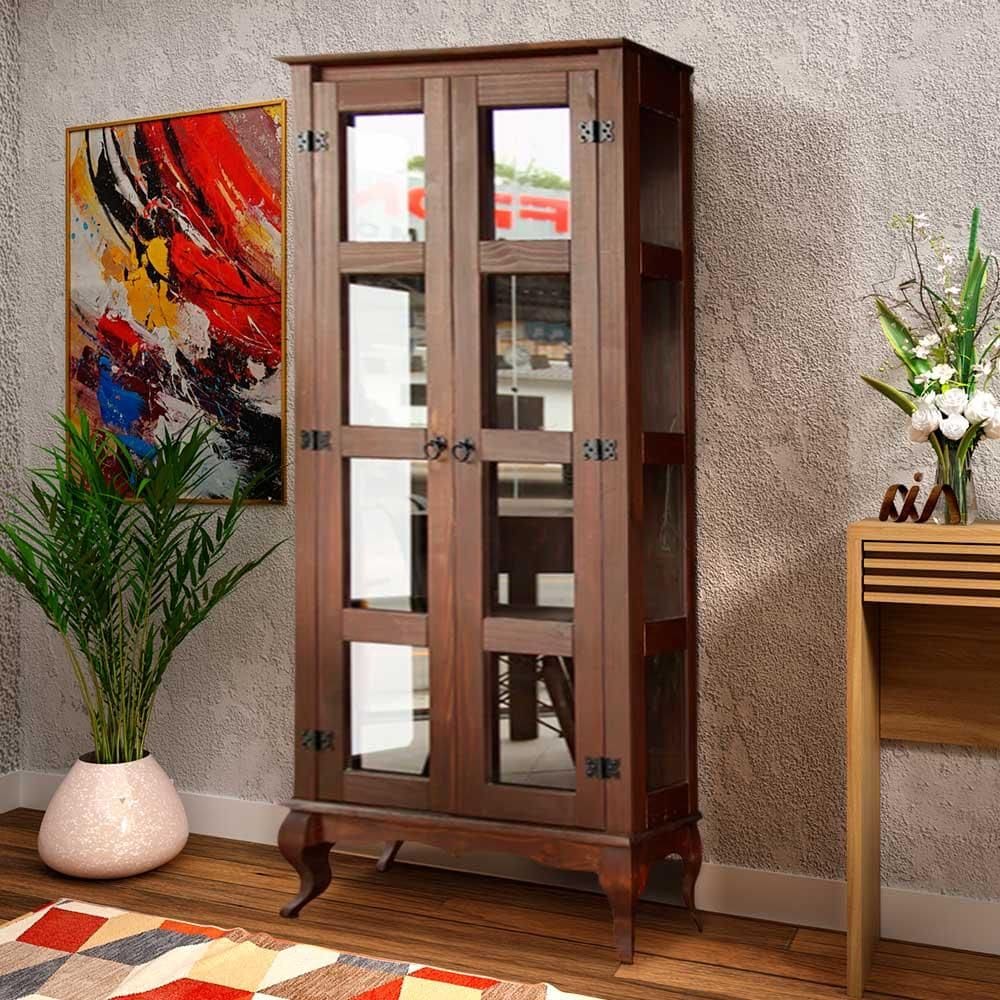Cristaleira Madeira Maciça 2 Portas Vidro Lateral Imbuia D113VL Shop JM