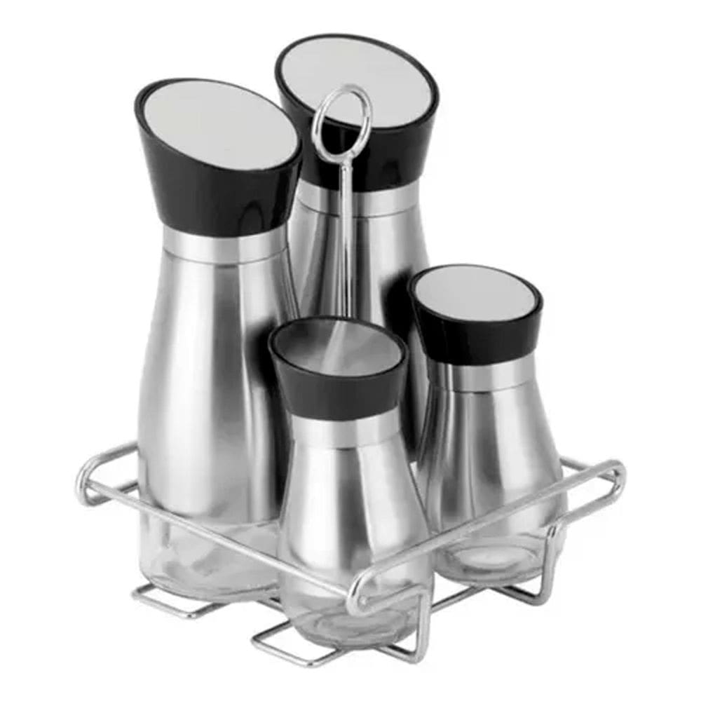 Galheteiro Grande de Inox e Vidro Com Tampa Rotativa Linha Premium