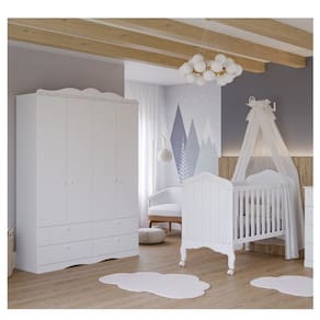 Quarto de Bebê 2 Peças com Berço e Guarda-roupa 4 Portas 4 Gavetas Aquarela Espresso Móveis Branco