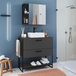Gabinete de Banheiro Industrial de Chão 80cm com Cuba Sobreposta Branca e Espelheira Preto / Grafite