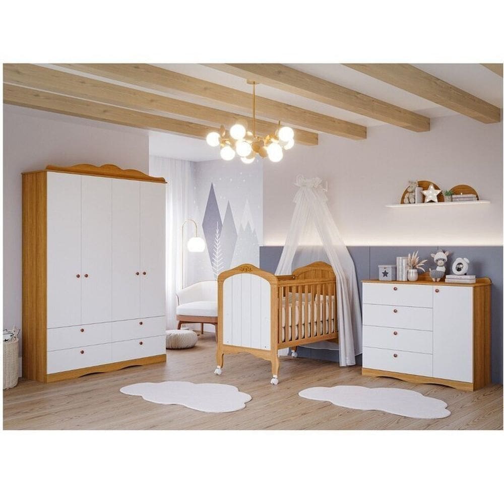 Quarto de Bebê 3 Peças com Berço e Cômoda 4 Gavetas e Guarda-roupa 4 Portas 4 Gavetas Aquarela Espre Marrom/Branco
