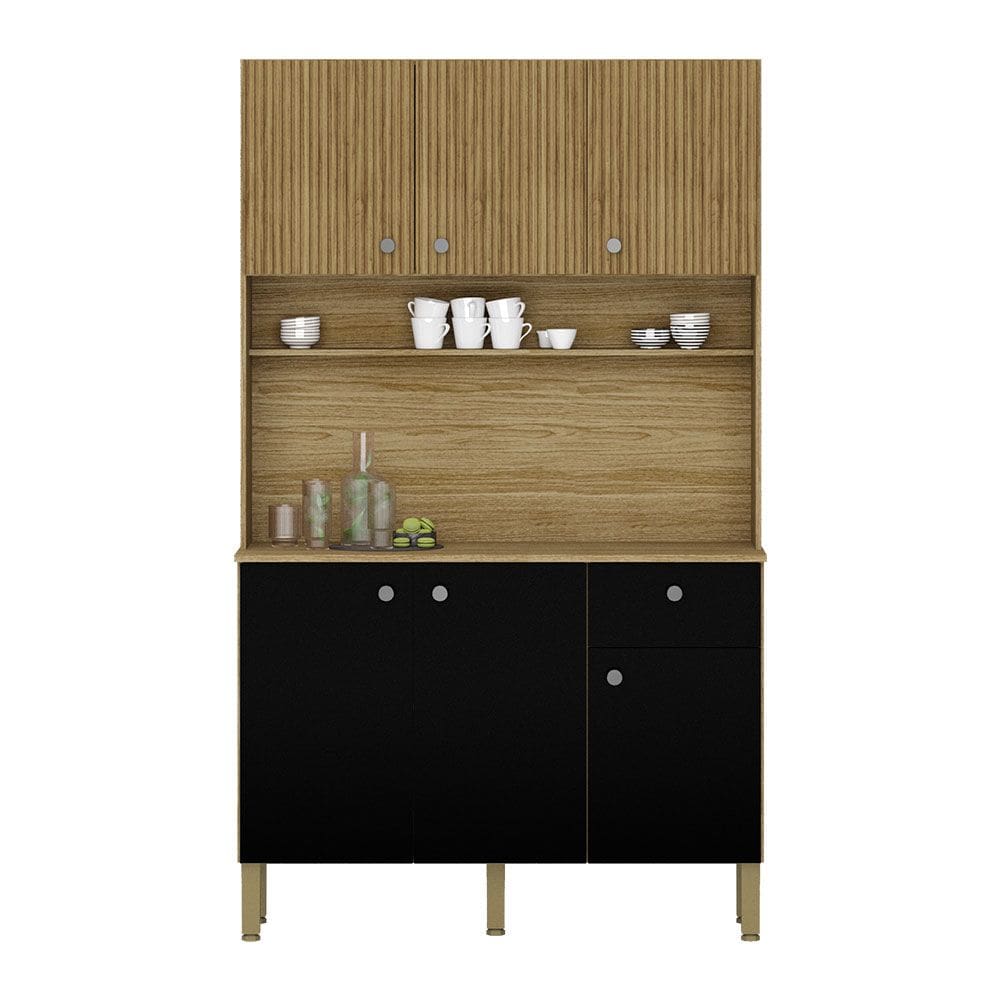 Armário de Cozinha Compacta 6 Portas e 1 Gaveta 111cm Veneza Ripado Freijó/Preto - Pallazio