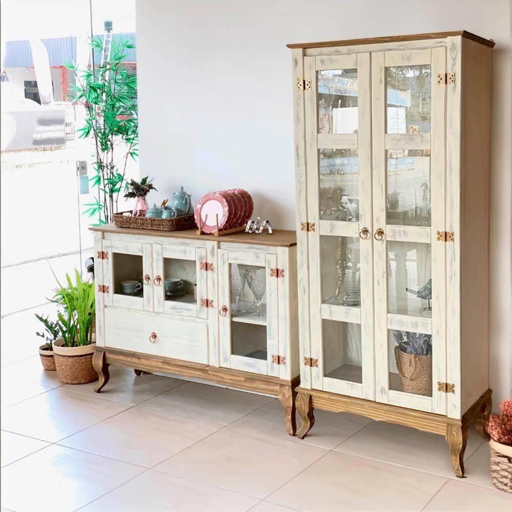 Balcão Rústico Com Cristaleira Madeira Maciça Com Branco Garapa D125 D113 Denk - Branco