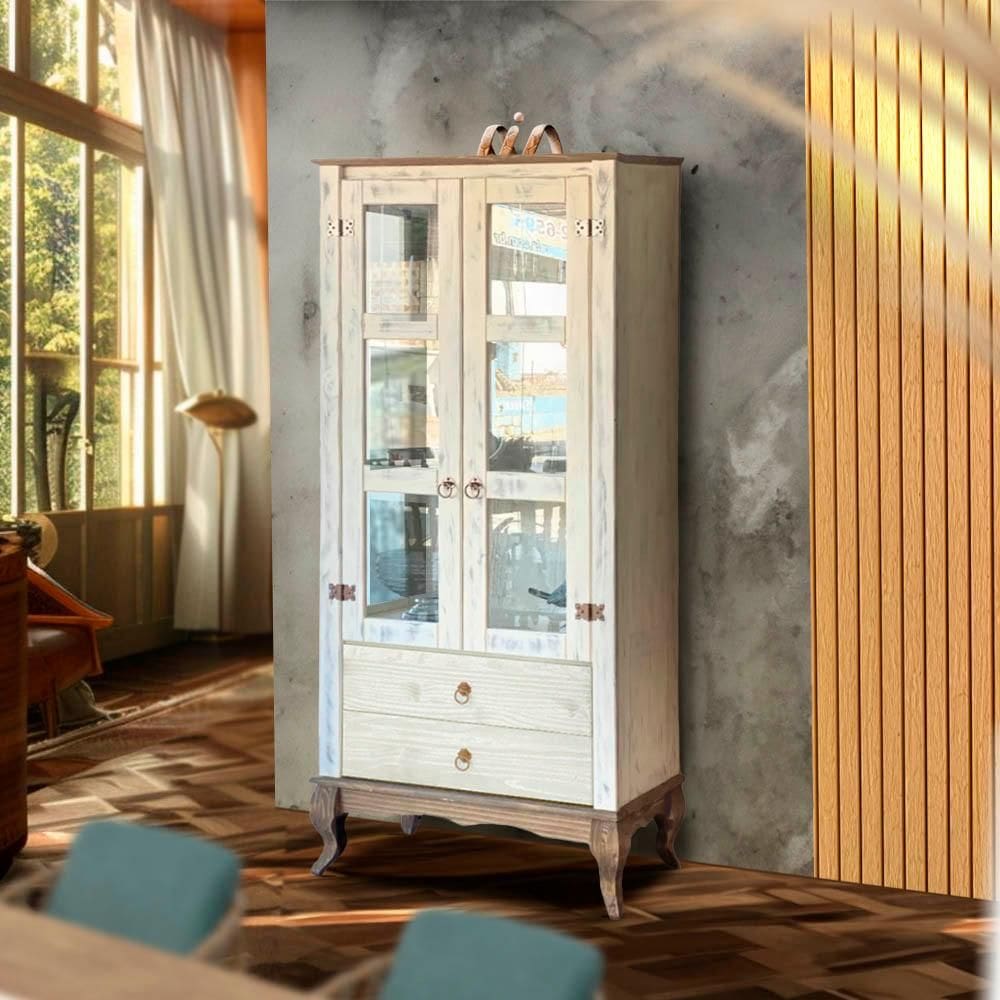 Cristaleira Madeira Maciça 2 Portas Vidro Branco Garapa - Branco