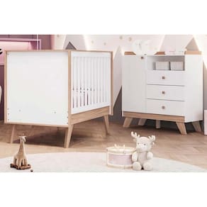 Quarto Infantil Completo Confete 2 Peças (1 Cômoda + 1 Berço) QI65 Branco/Jequitiba - Henn