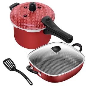 Jogo Frigideira Quadrada 2 Alças N°29 Antiaderente + Panela Pressão Fechamento Externo 5L Vermelho