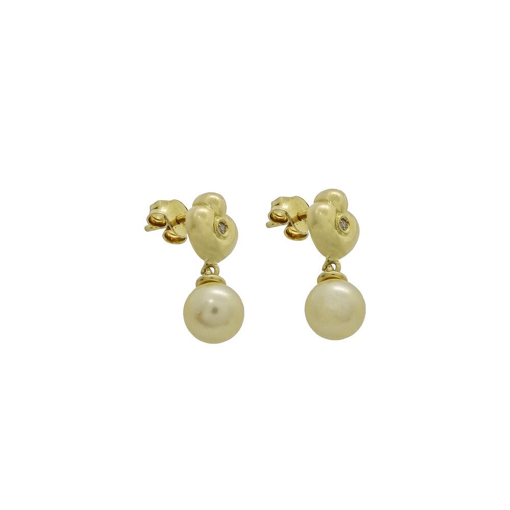Brinco Ouro 18K Pendente Perola 6,4mm Ponto Diamante Natural