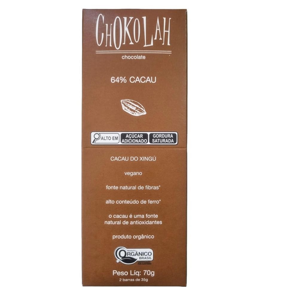 Chocolate 64% Cacau Açúcar Demerara Orgânico Chokolah 70G