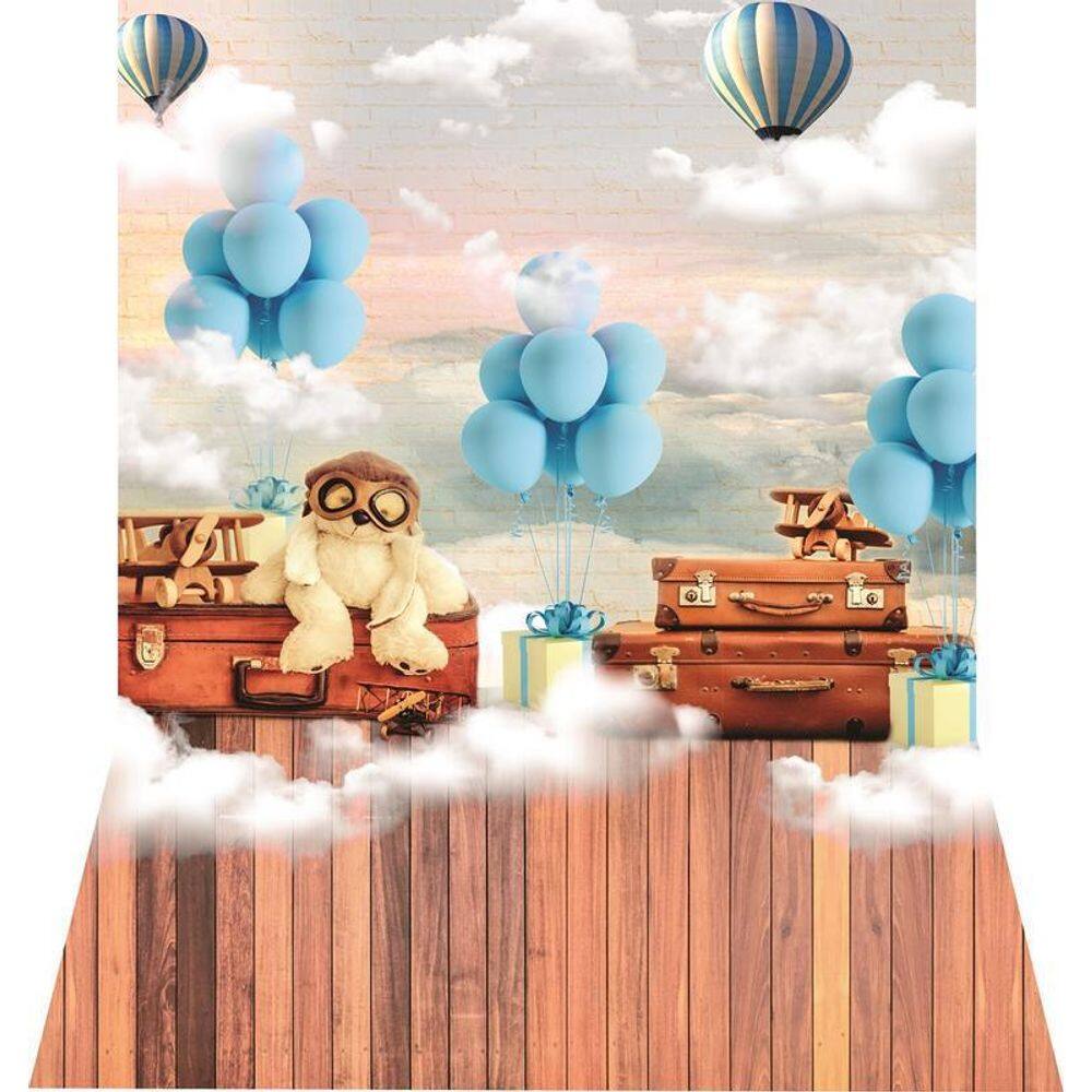 Fundo Fotográfico Newborn Em Tecido Urso Balões 1,50X2,20