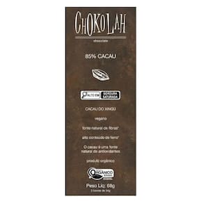 Chocolate 85% Cacau Açúcar Demerara Orgânico Chokolah 68G