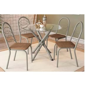 Sala de Jantar Completa Volga Tampo de Vidro 95x95cm e 4 Cadeiras Holanda Niquel - Capuccino - Kappesberg