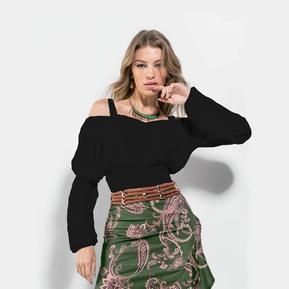 Blusa Feminina Cropped Alça Manga Bufante