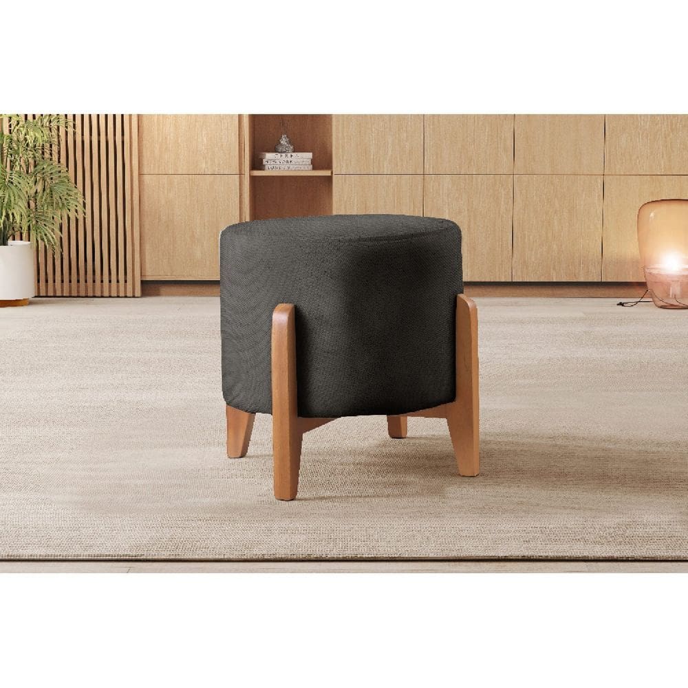 Puff Redondo para Sala Pé de Madeira Linho Preto