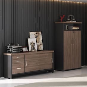 Kit 2 Peças com Balcão Organizador e Armário Multiuso 2 Portas em Tamburato para Escritório Charuto/Preto