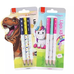 Kit Lápis Preto HB Big Jumbo Triangular Decorado Magic Unicórnios / Raptors Dinossauros Infantil BRW