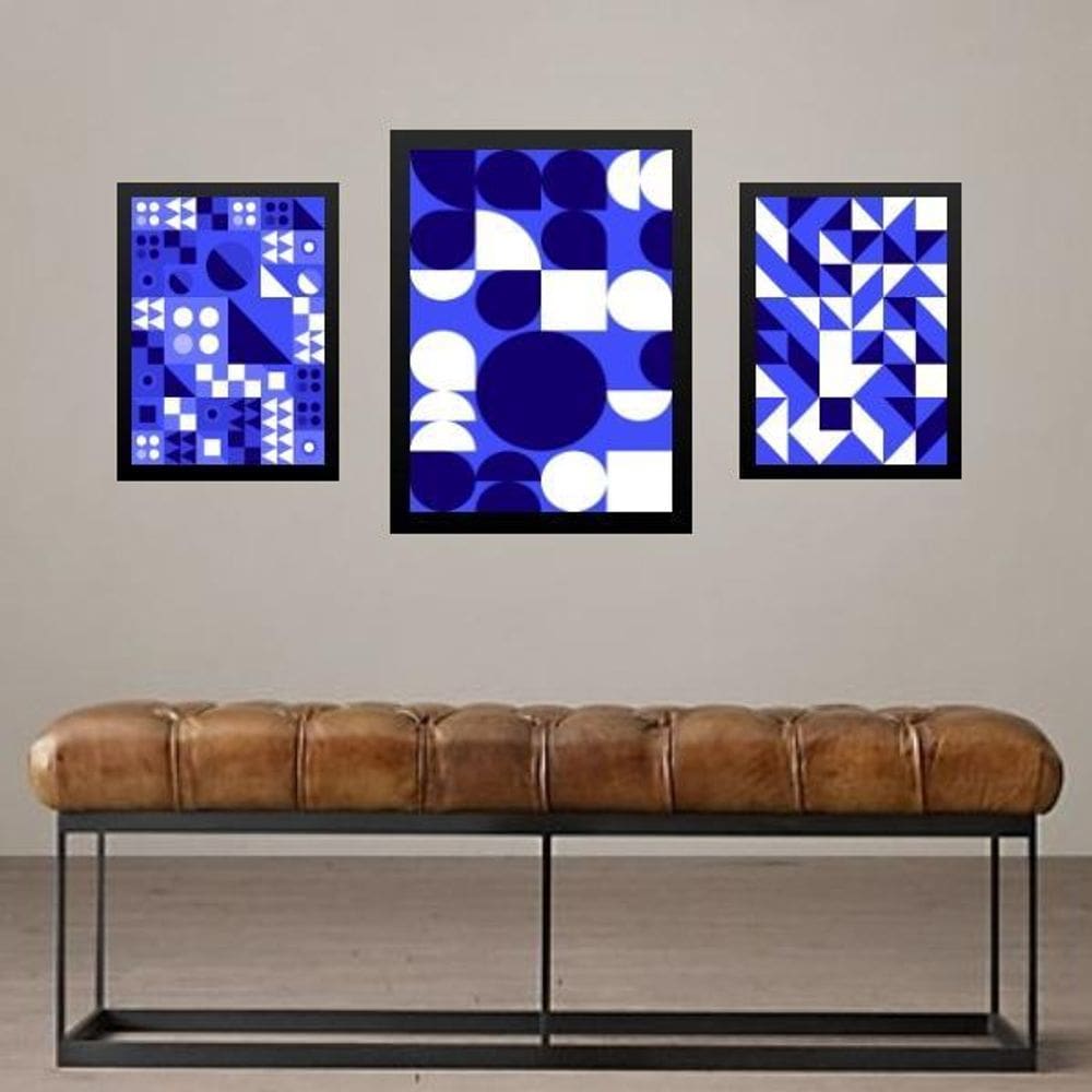 Set 3 Quadros Geométricos Azul E Branco