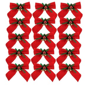 Kit 15 Laços Vermelho Aveludado Decorado Mini Sinos Dourado 11x11cm - Magizi