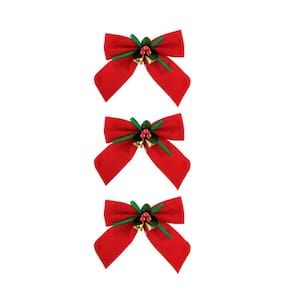 Kit 3 Laços Vermelho Aveludado Decorado Mini Sinos Dourado 11x11cm - Magizi