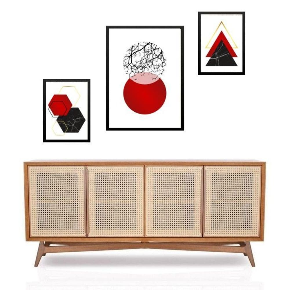 Set 3 Quadros Geométricos Vermelho E Preto - Com Vidro