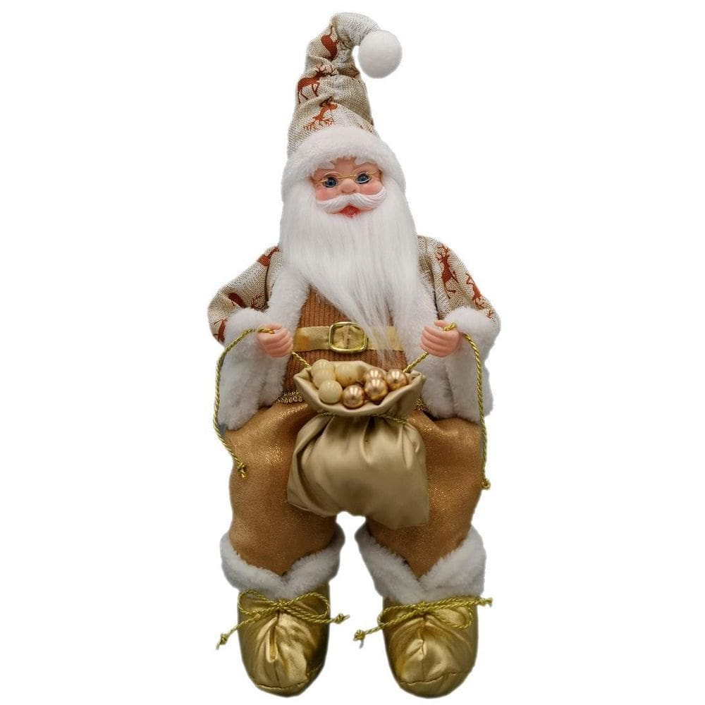 Papai Noel Musical Sentado Linho Marrom Decoração Natal 40Cm
