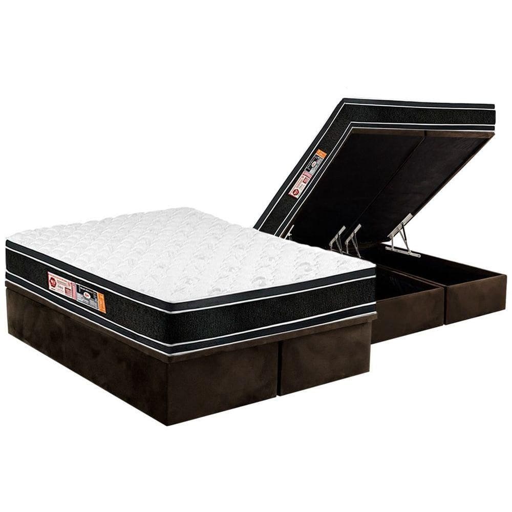 Cama Box Baú Queen: Colchão Espuma Castor D33 Black e White Air Euro Pillow + Base CRC Suede Brown(158x198)