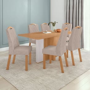 Conjunto Mesa 170cm Astrid Tampo Mdf no Glass e 6 Cadeiras Vênus Amêndoa /Off White/Bege