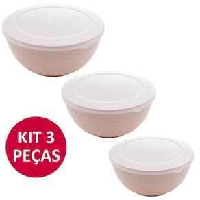 Jogo 3 Potes Tigela Bowl Fibra de Bambu com Tampa Hermética Conjunto Redondo Cozinha