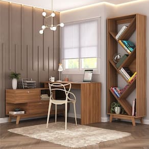 Escritório Completo Desk com Escrivaninha em L com 2 Portas e Estante para Livros Nogal