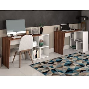 Kit 2 Peças com Escrivaninhas Modernas com 4 Nichos e 2 Opções de Montagem Ipê/Branco