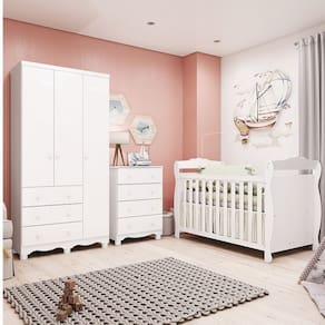 Quarto de Bebê Completo com Guarda-roupa 3 Portas e Cômoda e Berço Nina 100% Mdf Espresso Móveis Branco Brilho