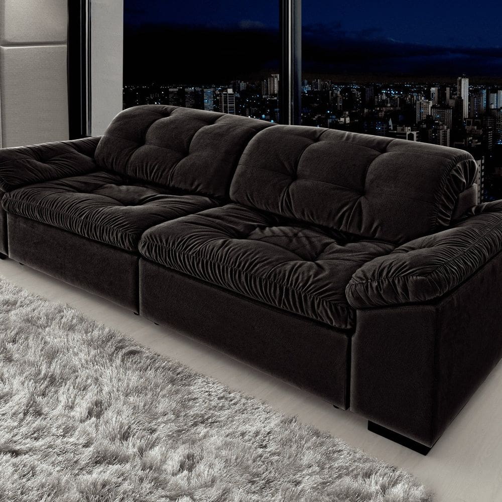 Sofá Retrátil e Reclinável 2 Lugares 220 Cm Pérola Veludo Preto