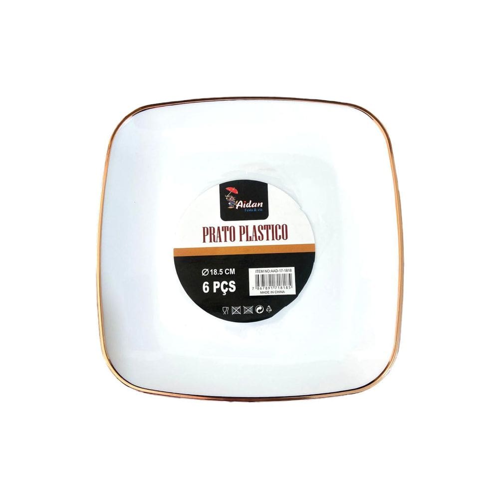 Kit 18 Pratos Quadrados Acrílico Luxo Borda Rosê 18Cm Festa