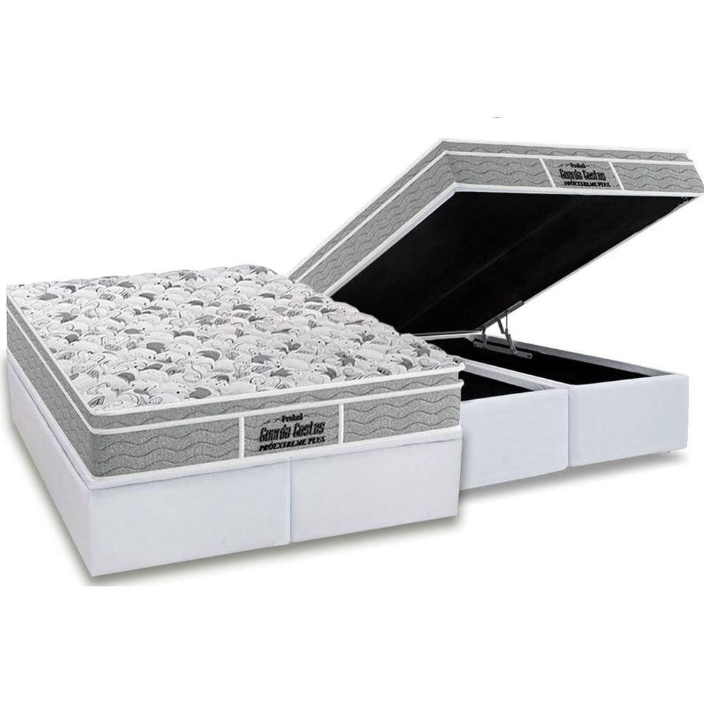 Cama Box Baú Queen: Colchão Espuma Probel D45 / EP Guarda Costas PróExtreme Plus + Base CRC Courano White(158x198)